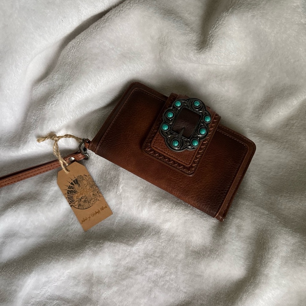 Brown Leather Wristlet Wallet with Turquoise Accents